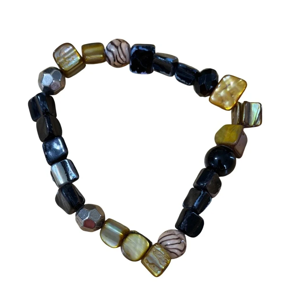 Mixed Bead Stretch Bracelet Mother of Pearl Gold Black Iridescent Statement